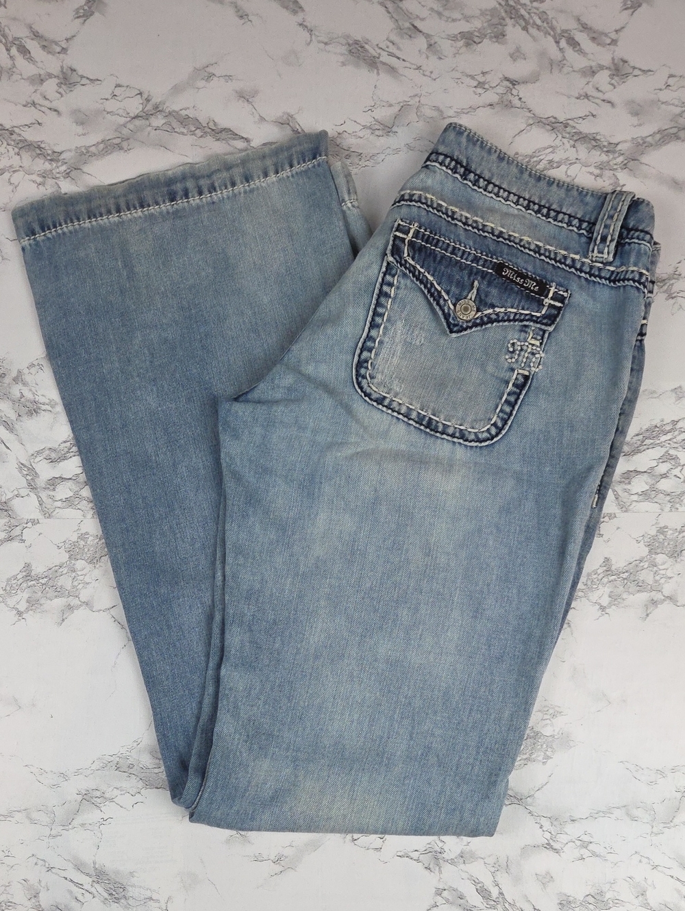 ​Miss Me Bootcut Jeans Size 27 Light Wash Distressed Flap Pocket​